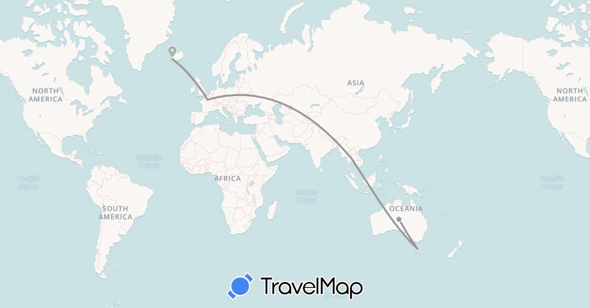 TravelMap itinerary: driving, plane in Australia, France, United Kingdom, Iceland, Thailand (Asia, Europe, Oceania)